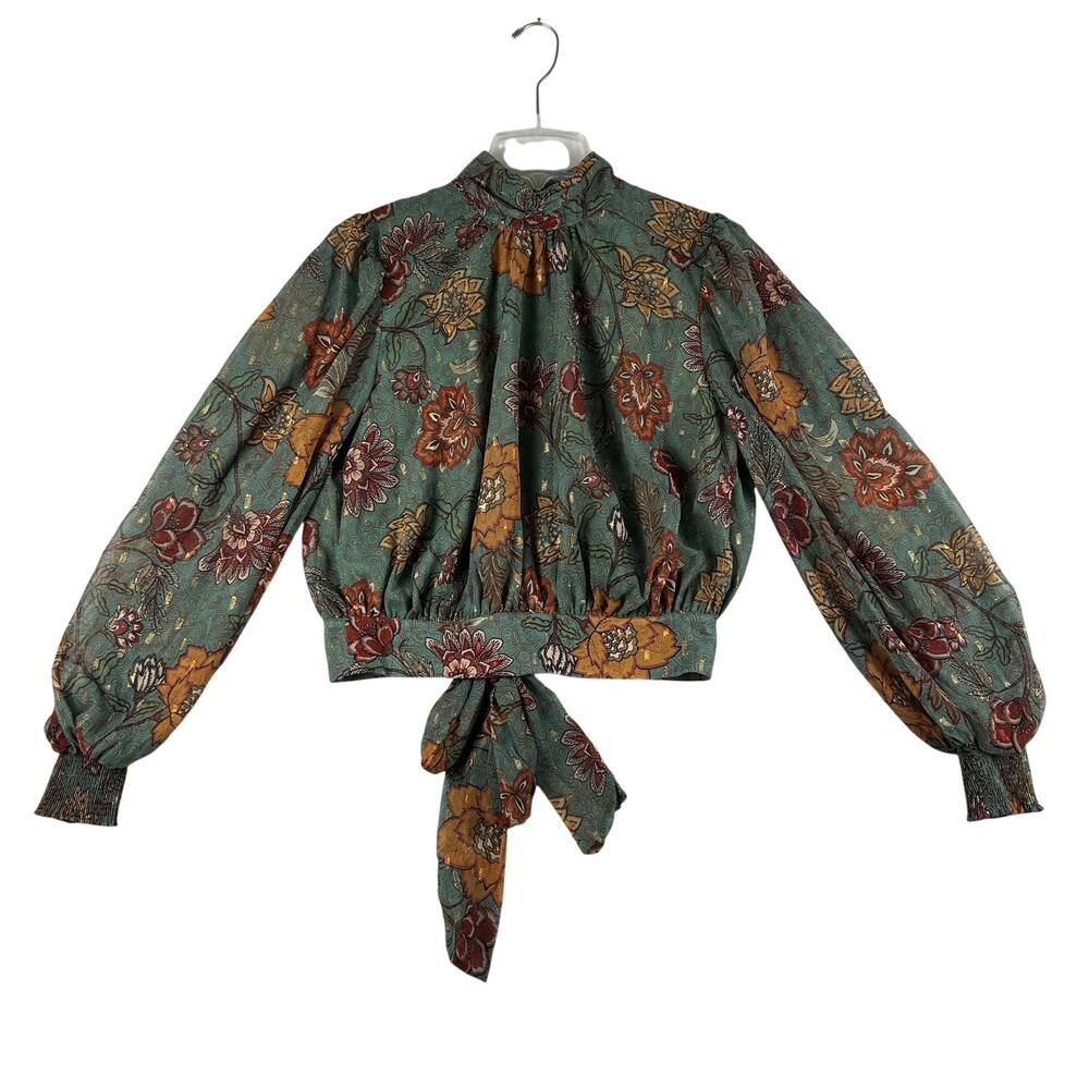 Flying Tomato Blouse Womens M Floral Mock Neck Balloon Sleeve Crop Top Boho